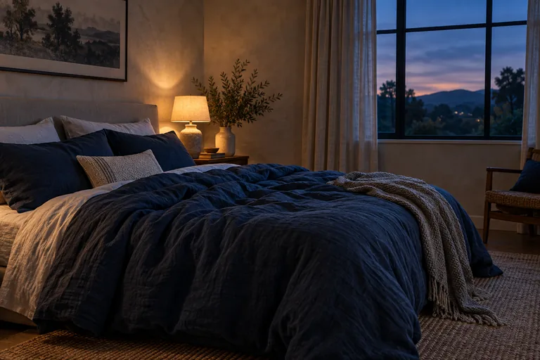 An empty bedroom with navy linen and a warm bedside lamp at dusk.